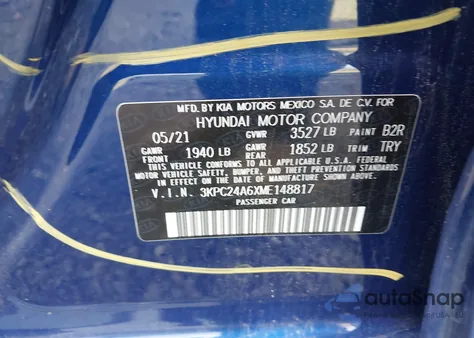 2021 Hyundai Accent Se из США, поврежденный, VIN 3KPC24A6XME148817